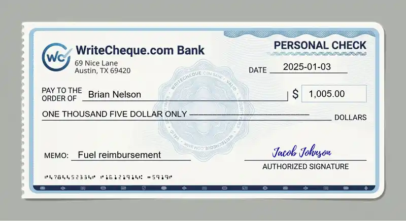 Cheque example for 1005