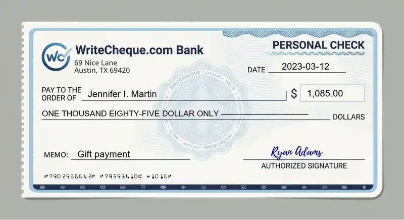 Cheque example for 1085