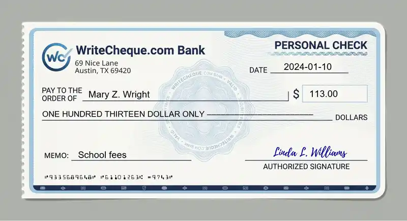 Cheque example for 113