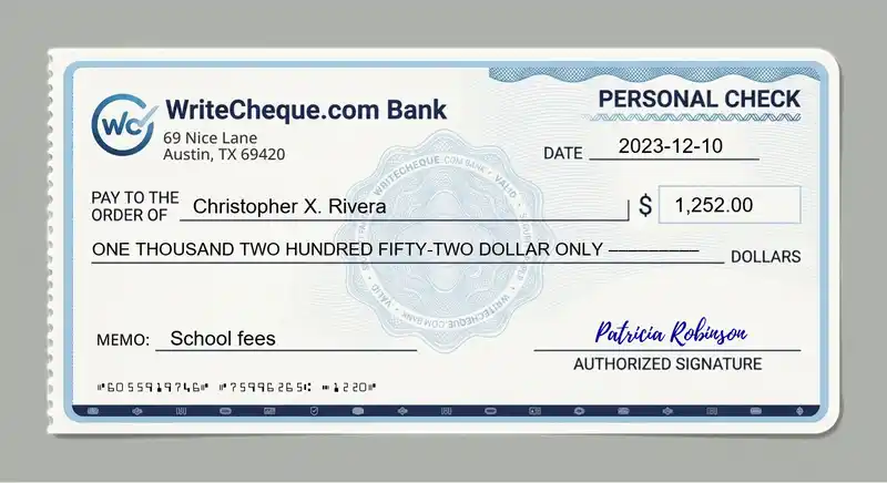 Cheque example for 1252