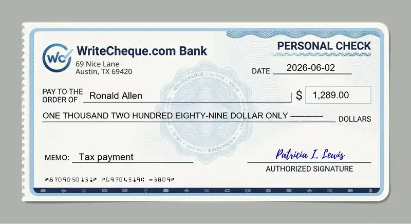Cheque example for 1289
