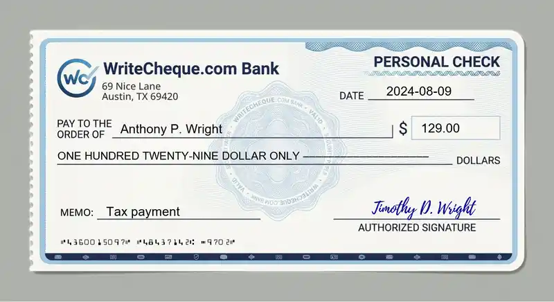 Cheque example for 129