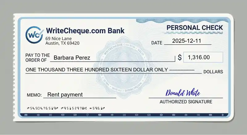 Cheque example for 1316