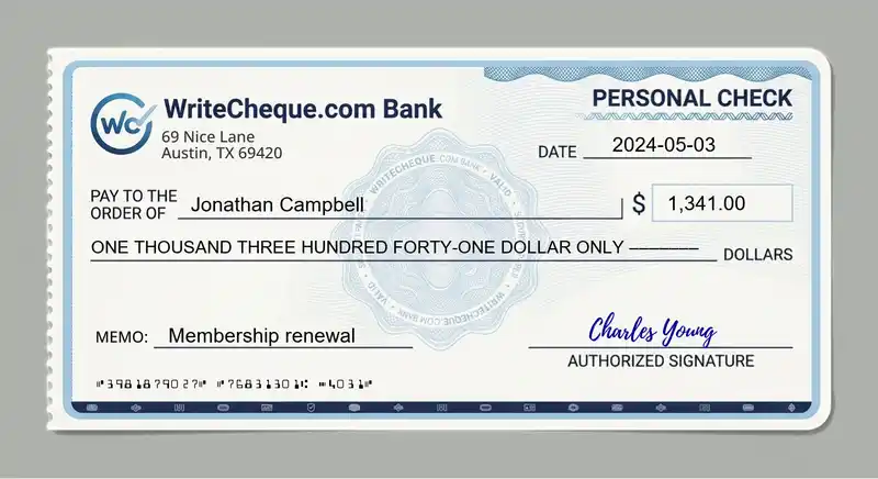 Cheque example for 1341