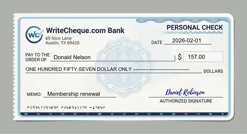 Cheque example for 157
