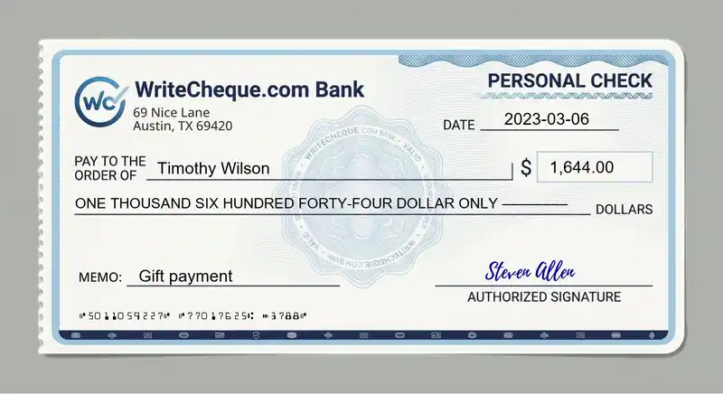 Cheque example for 1644