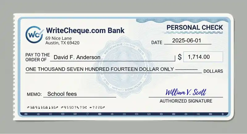 Cheque example for 1714
