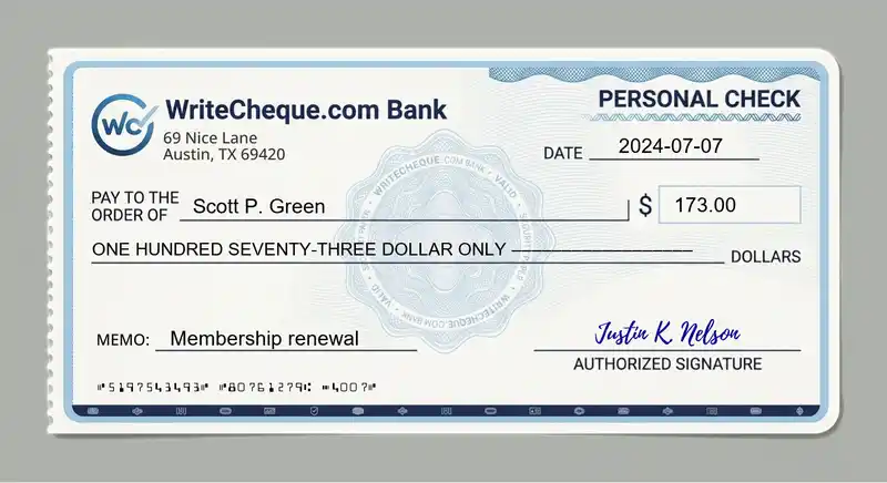 Cheque example for 173