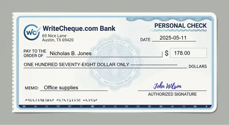Cheque example for 178