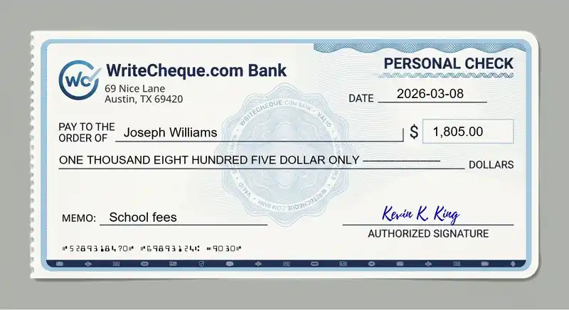 Cheque example for 1805