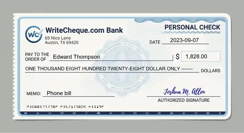 Cheque example for 1828