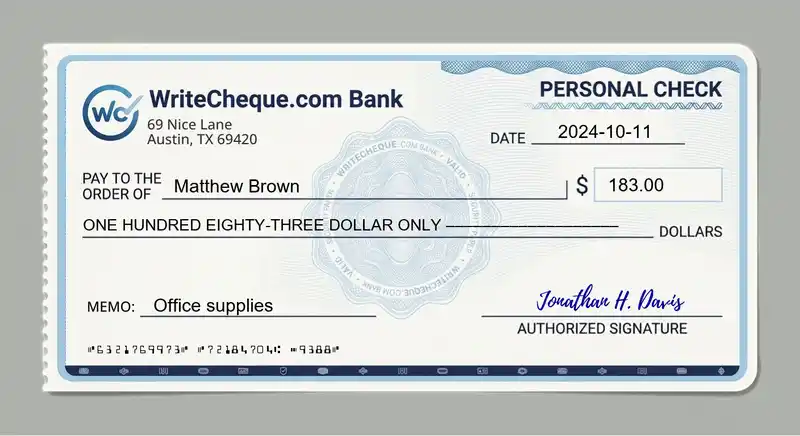 Cheque example for 183