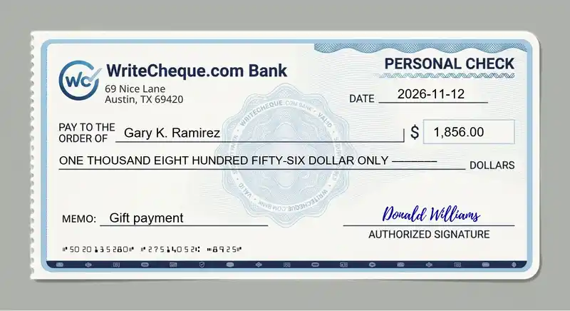 Cheque example for 1856