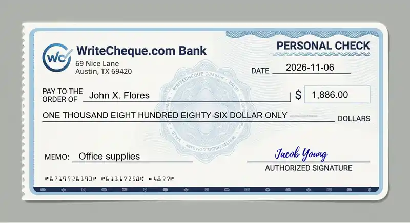 Cheque example for 1886