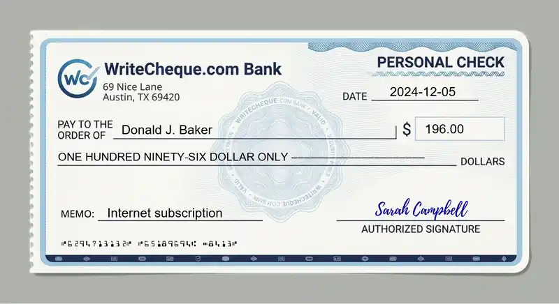 Cheque example for 196