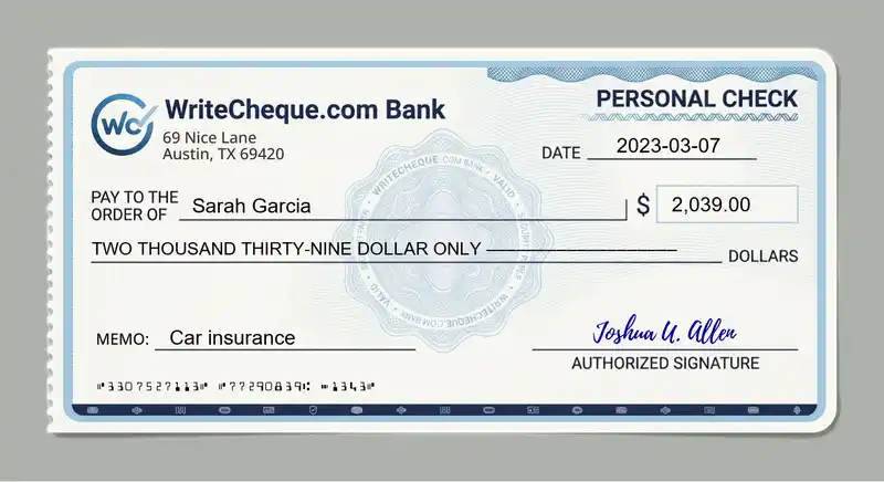 Cheque example for 2039