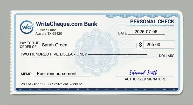 Cheque example for 205