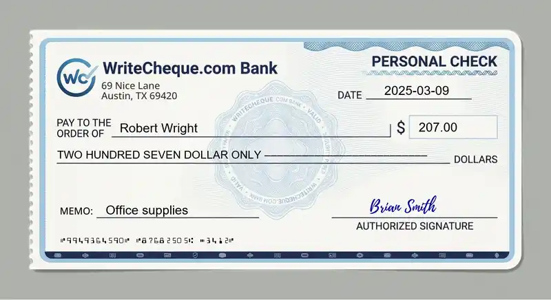 Cheque example for 207