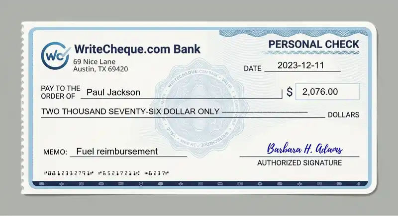 Cheque example for 2076