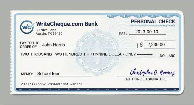 Cheque example for 2239