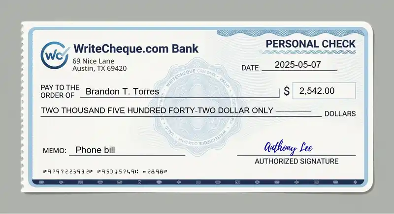 Cheque example for 2542
