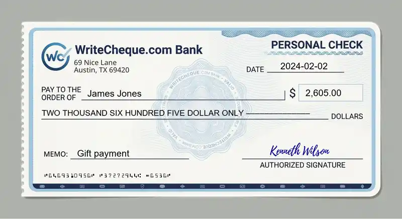 Cheque example for 2605