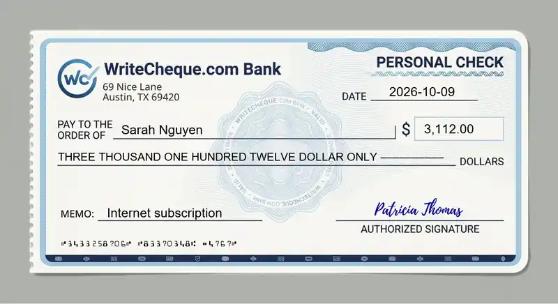 Cheque example for 3112
