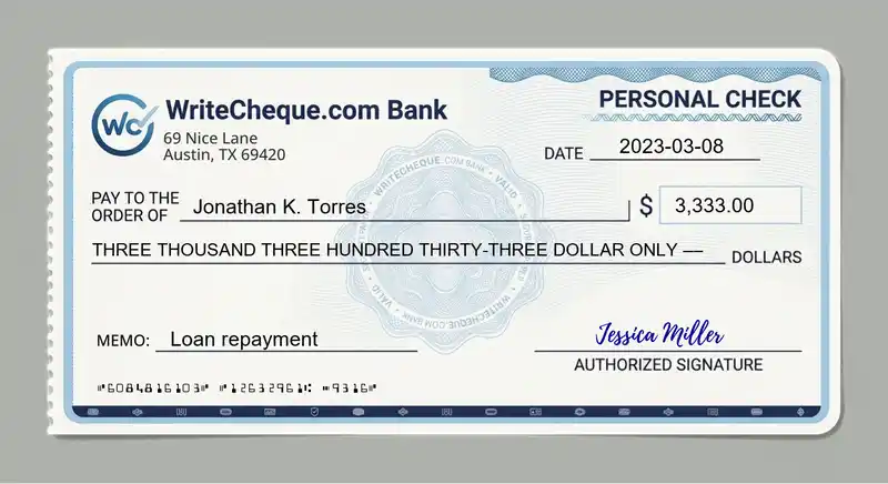 Cheque example for 3333