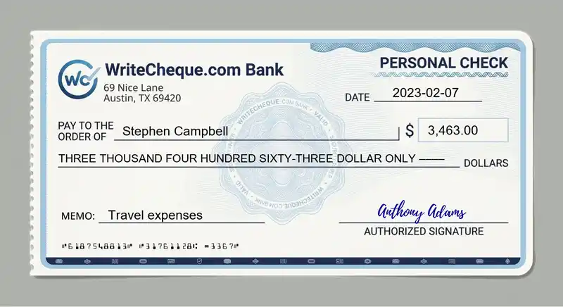 Cheque example for 3463