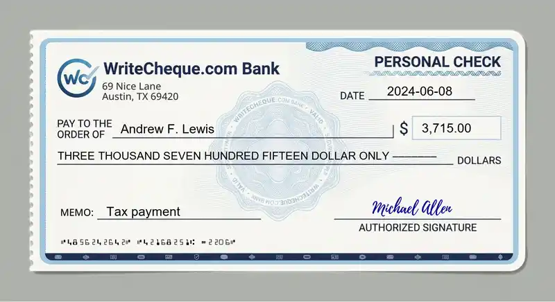 Cheque example for 3715