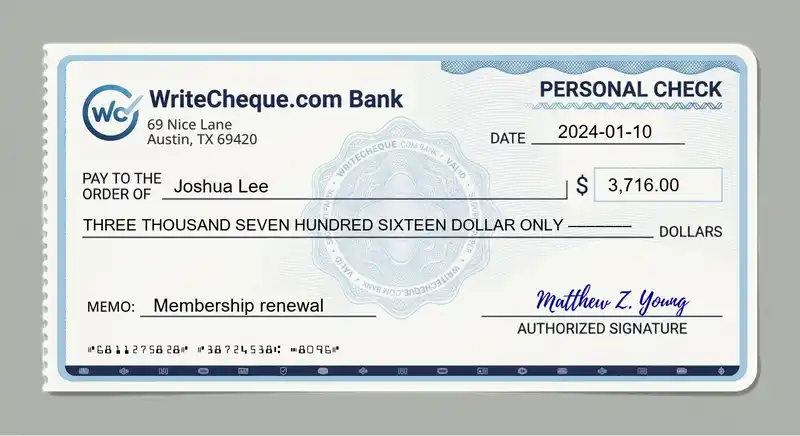 Cheque example for 3716
