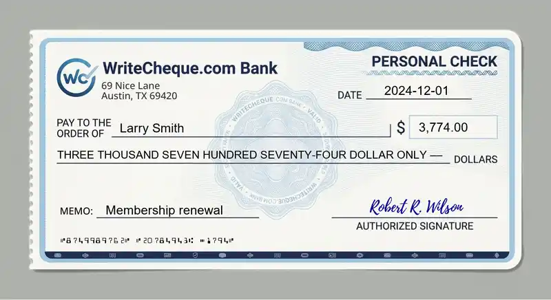 Cheque example for 3774