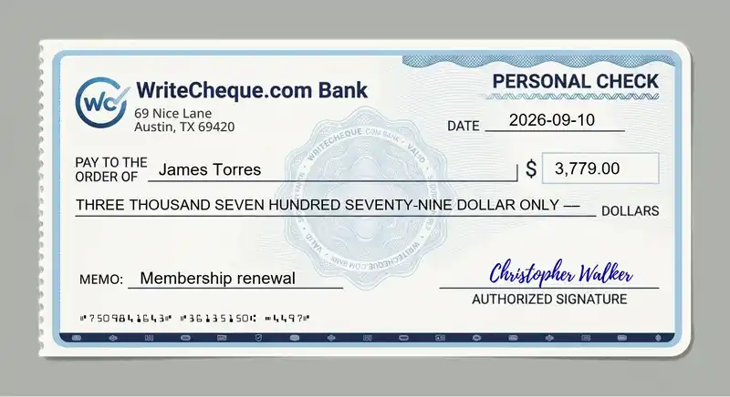 Cheque example for 3779