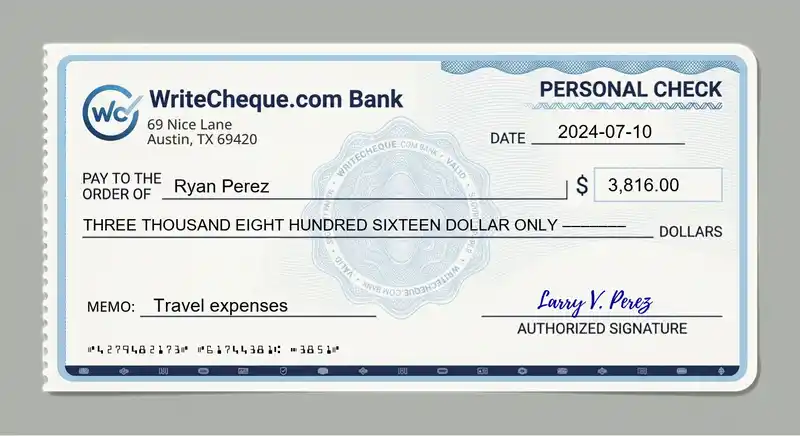 Cheque example for 3816