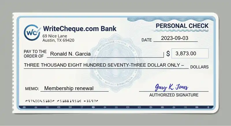 Cheque example for 3873