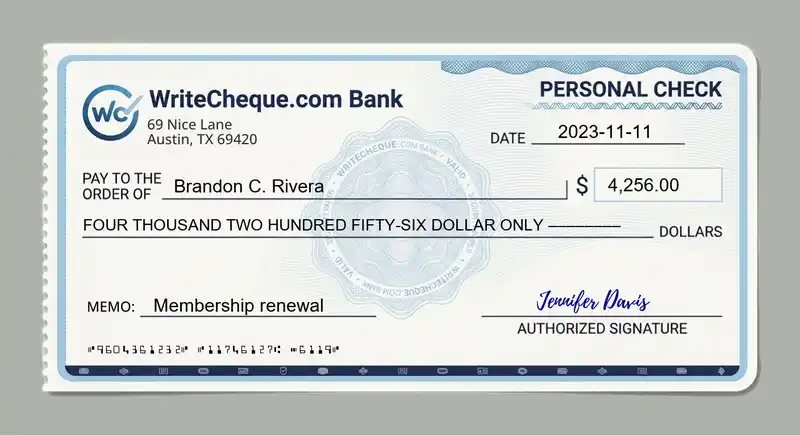 Cheque example for 4256