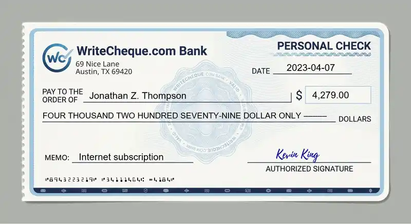 Cheque example for 4279