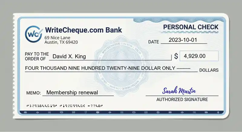 Cheque example for 4929