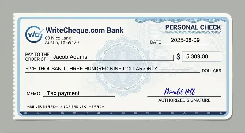 Cheque example for 5309
