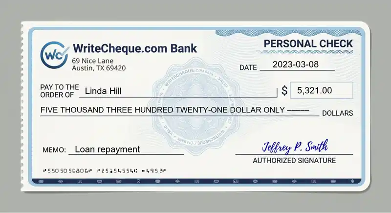 Cheque example for 5321