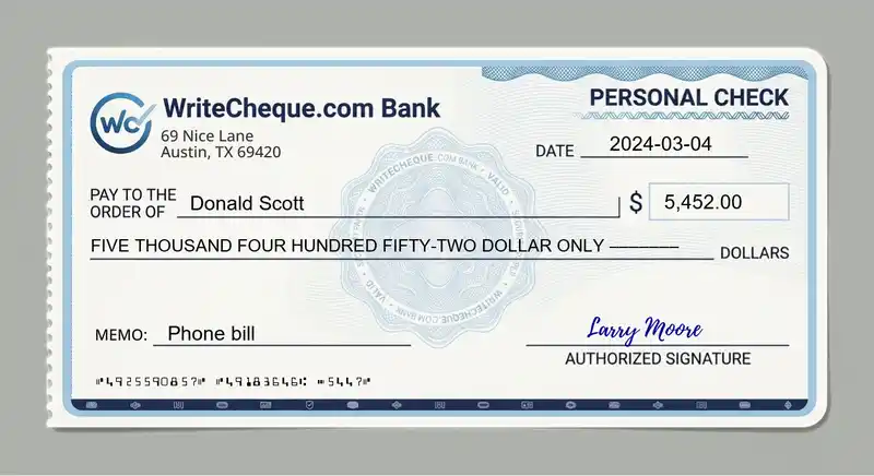 Cheque example for 5452