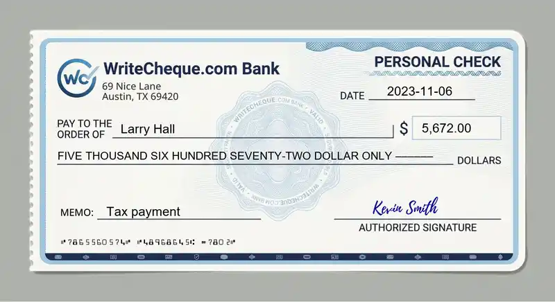 Cheque example for 5672