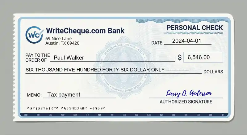 Cheque example for 6546