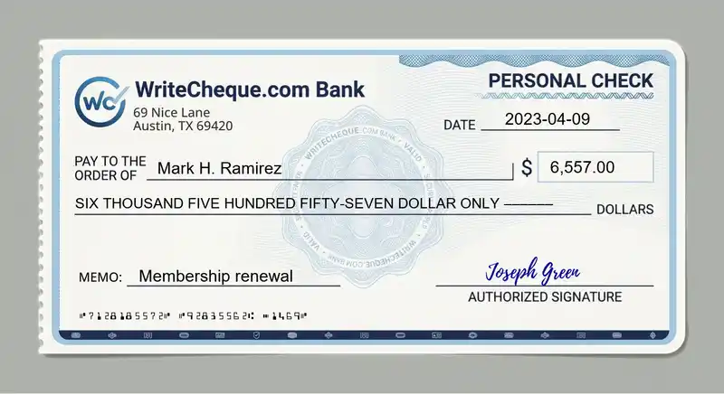 Cheque example for 6557