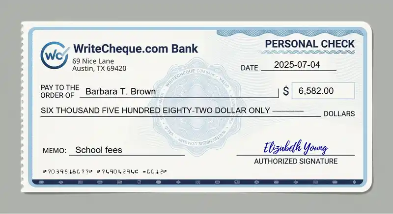 Cheque example for 6582