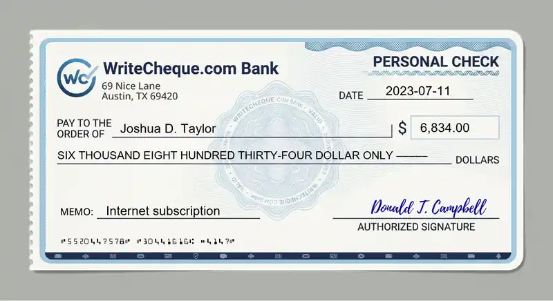 Cheque example for 6834