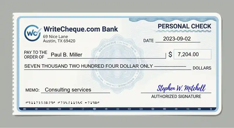 Cheque example for 7204