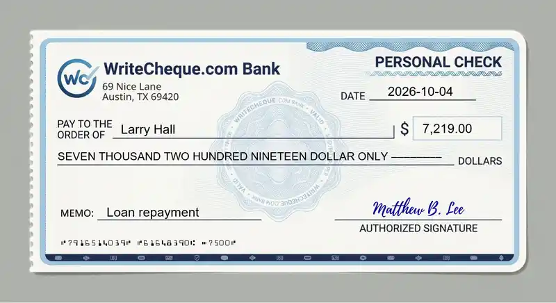 Cheque example for 7219