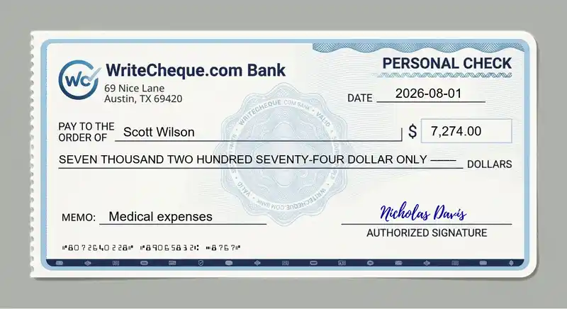 Cheque example for 7274