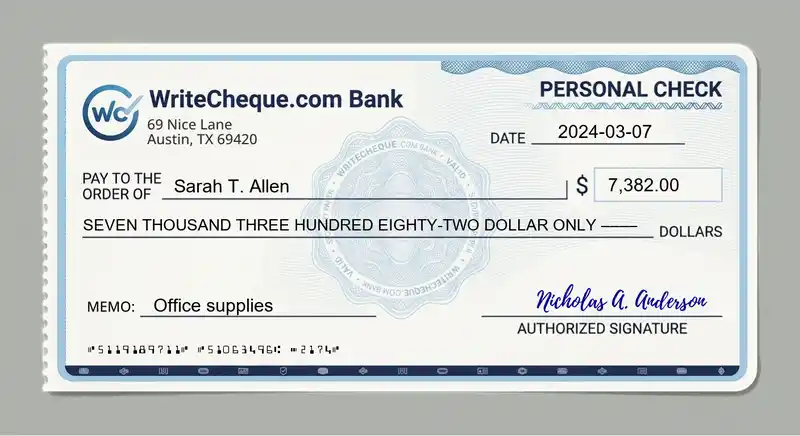 Cheque example for 7382